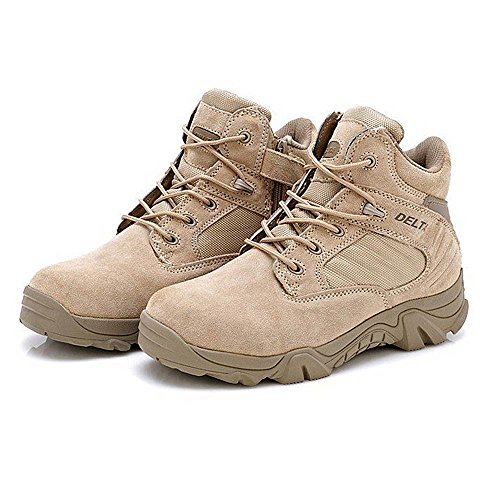 Botas para actividades al aire libre, para hombre, estilo militar, con cordones, transpirables, caña baja, cremallera lateral, piel, color caqui, caqui, UK9=EUR43=US10