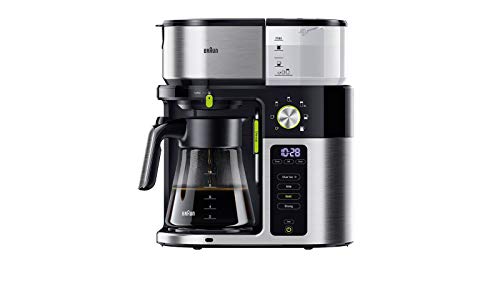 Braun MultiServe KF 9050 BK - Cafetera de filtro con jarra de cristal, elección directa de 7 tamaños para hasta 10 tazas, pantalla táctil, temporizador, 1750 W, acero inoxidable/negro