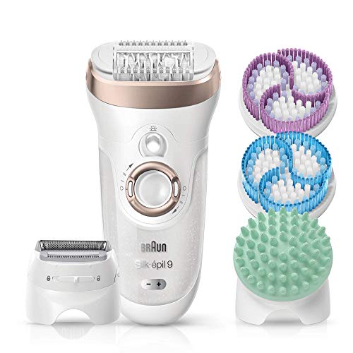 Braun Silk-épil 9 SkinSpa 9-961V - Depiladora para mujer eléctrica, sistema de exfoliación y cuidado de la piel 4 en 1 + 12 accesorios, oro rosa/blanco