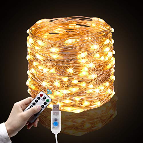 Cadena de Luces, 10m 100 LEDs Guirnalda de Luces con 8 Modos, Blanco Cálido con Control Remoto y USB para Decoración de Jardines Fiesta de Navidad y Boda.