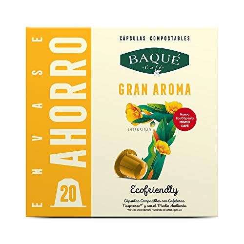 Cafés Baqué - 20 Capsulas Compatibles Nespresso Gran Aroma - Intensidad 7 De 10 - Capsulas Compostables 180 g