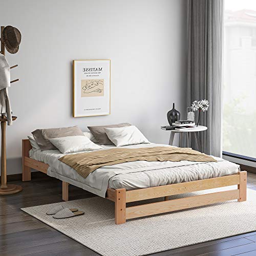 Cama doble de 140 x 200 cm, con somier, cama para personas mayores, de madera natural