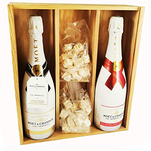 Champagne Moet & Chandon - Ice Imperial Brut/Ice Rosé & 2 * 150 gramos de Nougadets blancos - Jonquier Deux Frères - En caja de madera