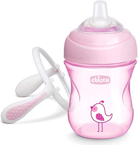 Chicco Vaso Antiderrame para Bebés 4+ Meses, Vaso de Aprendizaje Antigoteo con Boquilla Ergonómica Blanda Silicona, Válvula Antigoteo y Asas Desmontables, 200 ml - Rosa