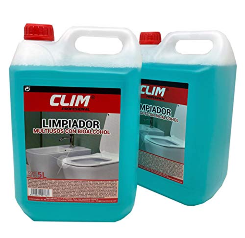 Climprofesional. Limpiador Multiusos con bioalcohol. Limpia y desinfecta aportando Brillo en Cualquier Superficie. Caja con 2 garrafas de 5 litros