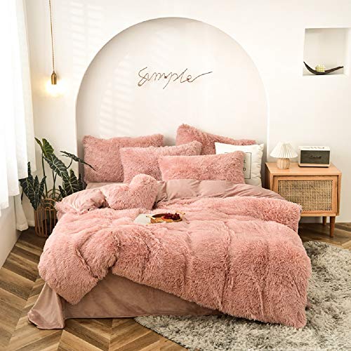 CoutureBridal - Juego de ropa de cama de peluche, 135 x 200 cm, para chica, color blanco, cálido, para invierno, pelo largo, con cremallera y funda de almohada de 80 x 80 cm