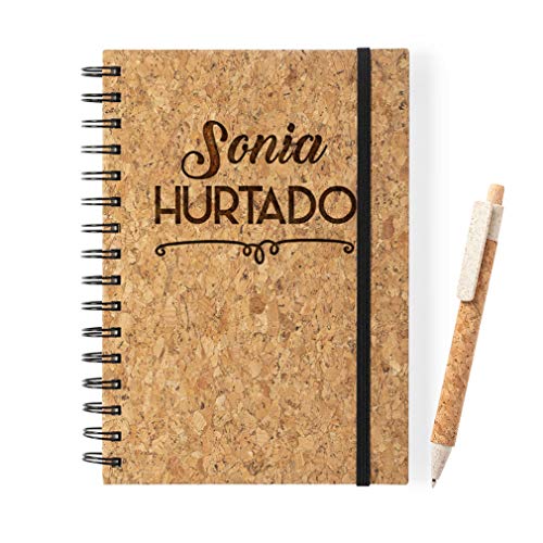 Cuaderno Personalizado con Nombre Grabado o texto Con Boligrafo - Cuaderno Original Corcho Natural Libreta Bloc de Notas A5