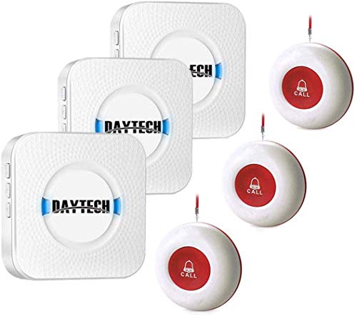 Daytech Caregiver Pager System Botón de llamada de emergencia inalámbrico para pacientes mayores de más de 200 pies Alarma de alcance (3 botones + 3 receptores)