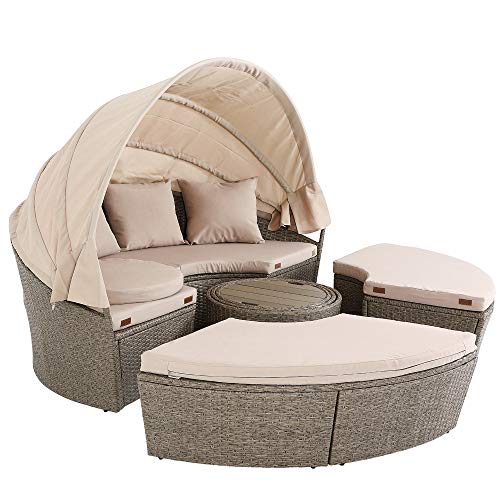 Deuba Tumbona Isla Cama de poliratán Ø185 cm Gris Beige Techo Plegable Mesa WPC Cojines Exterior Jardín terraza Patio