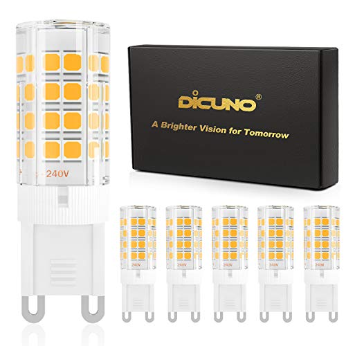 DiCUNO G9 Bombilla LED 4W (40W Bombilla Halógena Equivalente), 450LM, Ahorro de energía, Blanco cálido 3000K, AC100-240V, No-regulables, Base ceramica, 360 Grados ángulo, Paquete de 6