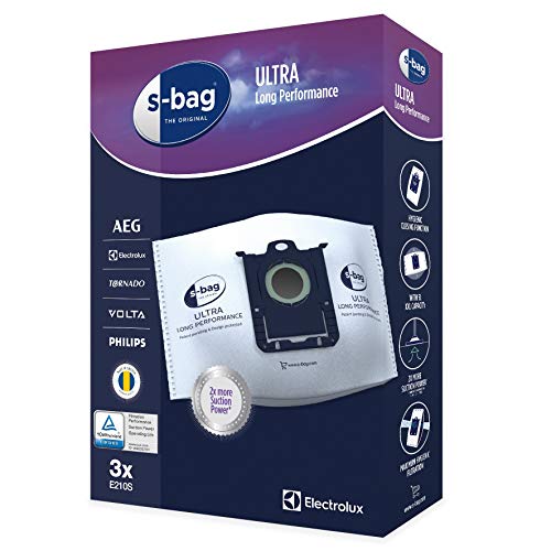 Electrolux E210S s-bag - Bolsas para aspiradora (3 unidades, tamaño XXL, para una alta potencia de aspiración duradera, rendimiento ultra largo, filtración óptima, cierre higiénico, 5 L), color blanco