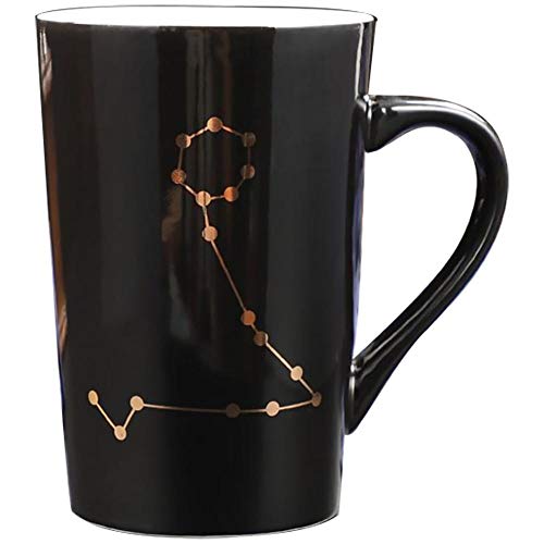 ESTK Patrón De Constelación Taza De Café Blanca Y Negra Con Tapa Juego De Cucharas Taza De Viaje Decoración De Regalo Juego De Tazas De Té (Black Pisces Cup)