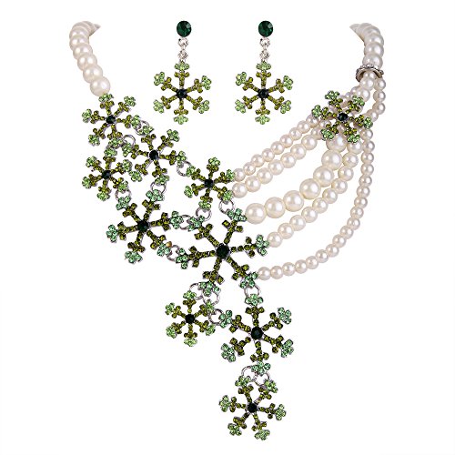 EVER FAITH Juegos de Joyas para Mujer Cristal Perla Simulada Invierno Copo de Nieve Verde Tono Plateado Collares Pendientes Conjunto