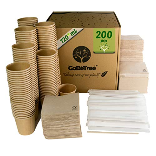 GoBeTree 200 Vasos de café Desechables Kraft con PLA para café expreso de 120 ml con agitadores de Madera en Funda de Papel para café y servilletas recicladas