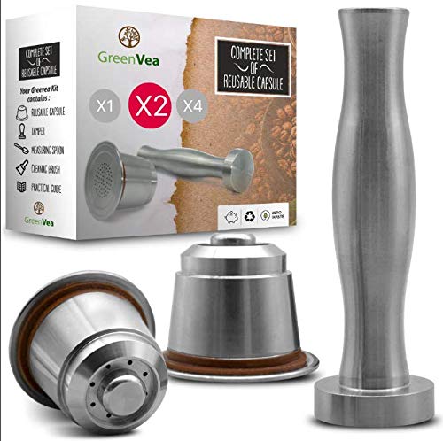 ☕ Greenvea - Juego completo de cápsulas de café Nespresso Cápsulas de acero inoxidable para café y té. Rellenables, Recargables, Reutilizables. (2 cápsulas, támper, guía y Cuchara medidora)