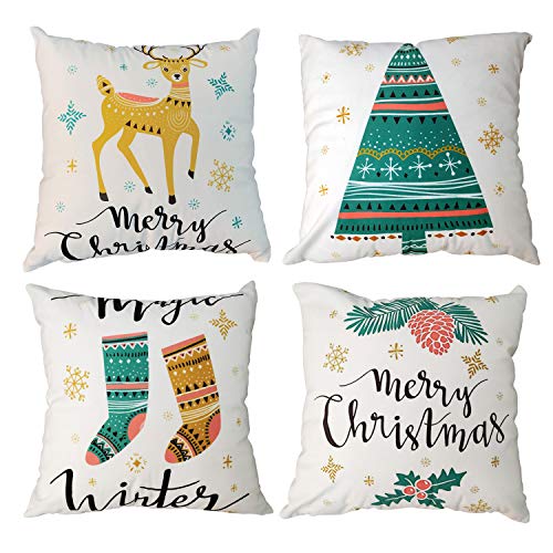 Gspirit 4 Pack Feliz Navidad Árbol Ciervo Invierno Algodón Lino Throw Pillow Case Funda de Almohada para Cojín 45x45 cm