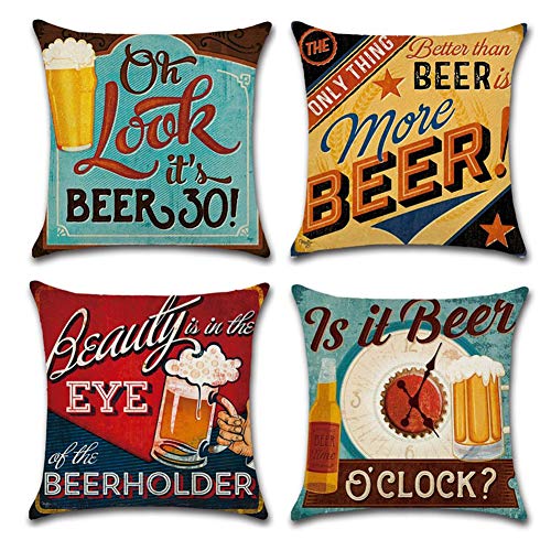 Gspirit 4 Pack Retro Cerveza Modelo Algodón Lino Throw Pillow Case Funda de Almohada para Cojín 45x45 cm