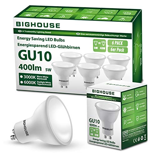 GU10 LED blanco cálido (3000K), BIGHOUSE 5W 400 Lumen Reemplazo de lámpara LED para lámparas halógenas de 40W, ángulo de haz de 120 °, 220-240V AC (6 piezas)