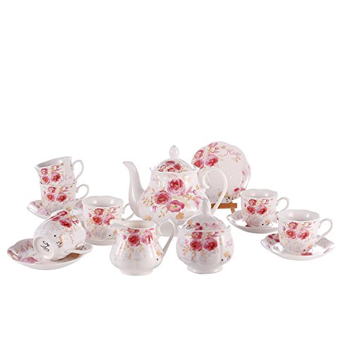 GuangYang Juego de Té de Café Porcelana Inglesa - 15 Piezas Conjunto de Mesa de Patrón Rosa Juego de 6 Tazas y Tazas de Café Tetera para Té de La Tarde