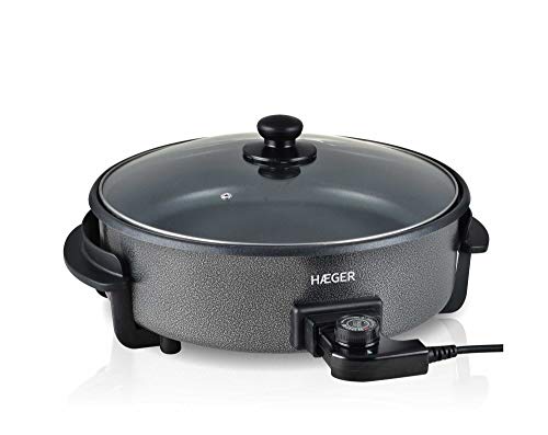 HAEGER Top Gourmet 36 - Paellera, Sartén Eléctrica para Paella y Pizza, Cazuela Multiusos con Tapa de Vidrio, 5 Niveles con termostato y Antiadherente (1500W)