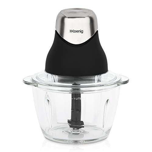 H.Koenig LEO8 Picadora Eléctrica de Alimentos, 320 W, 1 Litro, 2 Cuchillas,1 Vaso de Cristal, Acero Inoxidable, Negro