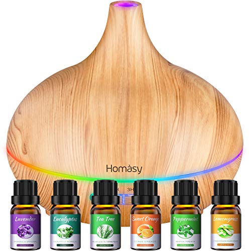 Homasy 500ml Difusor de Aromas con 6 Botellas de Humidificadore Aceite Esencial 100% Puro, Difusor Aromaterapia Silencioso, 14 Luces LED de Color, Apagado Automático, Temporizador sin BPA, Rosado