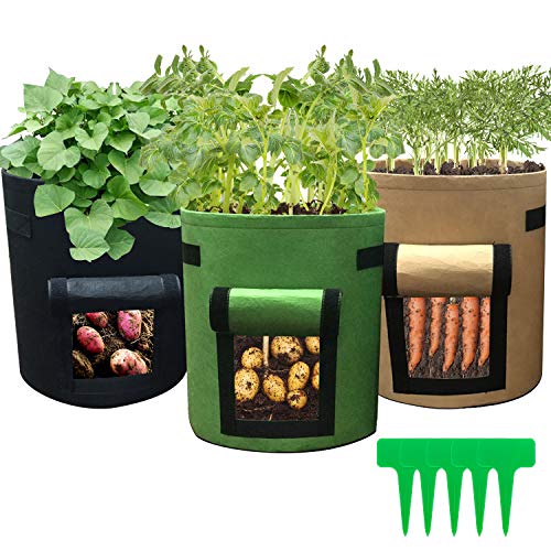 Hongyans 3 Pcs Bolsa de Cultivo de Plantas 10 Galones Bolsas de Cultivo de Patatas Macetas de Tela Grandes con Ventana y Asas para Papas Zanahoria Tomates Fresas con 5 Etiquetas de Plantas