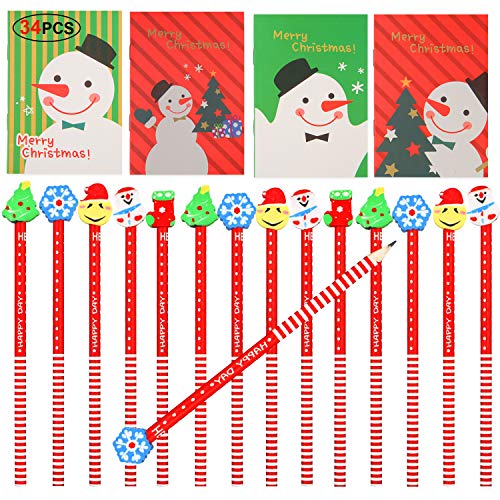 HOWAF 34pcs Mini Bloc de Notas de Navidad y Navidad lápiz de Madera con Borrador para Niños Regalos para Navidad Fiestas Cumpleaños Infantiles Relleno piñatas Premios Escolares