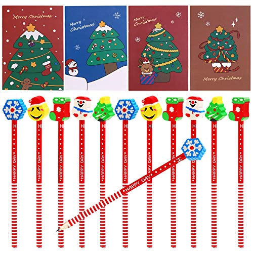 HOWAF 36pcs Mini Bloc de Notas de Navidad y Navidad lápiz de Madera con Borrador para Niños Regalos para Navidad Fiestas Cumpleaños Infantiles Relleno piñatas Premios Escolares