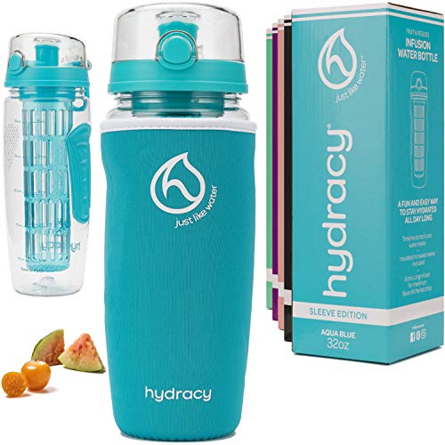 Hydracy Botella de Agua con Filtro infusor para Fruta 1L, Funda antitranspirante y Marcador de Hora -plástico Durable 100% sin BPA ìPerfecta para Hacer Deporte y cuidar tu Salud! Turquesa