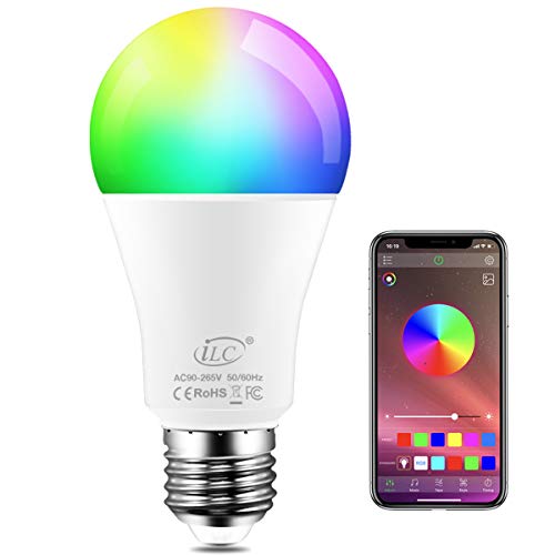 iLC Bombillas Colores LED 8W, E27 RGBW controlada por APP, sincronizada con la música, multicolor Cambio de Color Regulable (equivalente 60W)