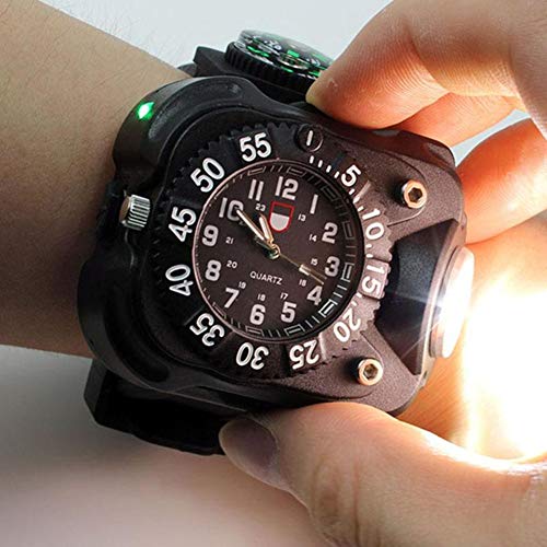 JSX 3 En 1 Super Brillante Linterna LED Reloj, Antorcha Recargable Impermeable Se Enciende con El Compás Táctico Linternas Deportes Al Aire Libre para Hombre Reloj De Pulsera