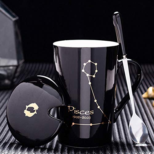 Juego De Tazas De Café,12 Tazas De Cerámica Creativas De Constelación,Tazas De Pareja De Moda con Tapa y Cuchara,para El Hogar El Restaurante Y La Oficina,450 Ml,Negro,Pisces