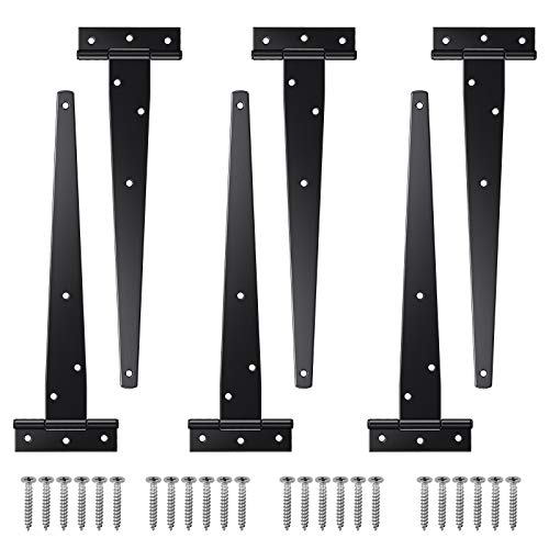 Justech 6PCs Bisagras en T Negras para Puertas 10” Bisagras para Puertas de Hierro Forjado Bisagras en T para Puertas de Mueble con 24PCs Tornillos de Acero Inoxidable para Ventana Puerta Armario Caja