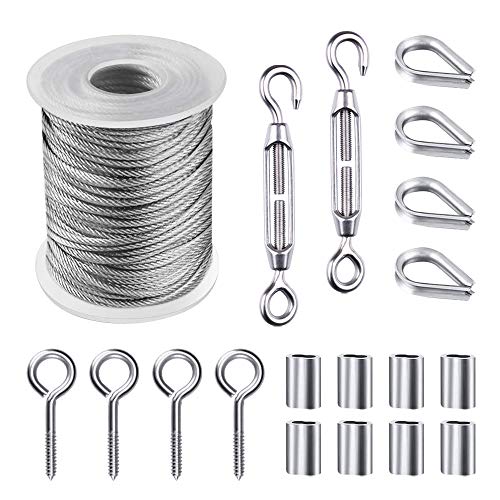 Kit de 50 ft Suspensión de Cuerda,Cable de Cuerda de Alambre con Hebilla y Ganchos y Dedal de cuerda de alambre dedales de cable