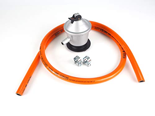 Kit regulador de gas butano + goma 1,5 metros y dos abrazaderas metálicas, Color plateado/naranja, Talla única