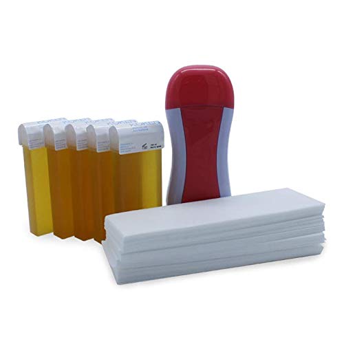 KOKEN - Kit Depilación Profesional, Calentador Individual Cera Tibia + 5 Cartuchos (100ml) Cera Roll-on Natural + 100 Bandas Depilatorias