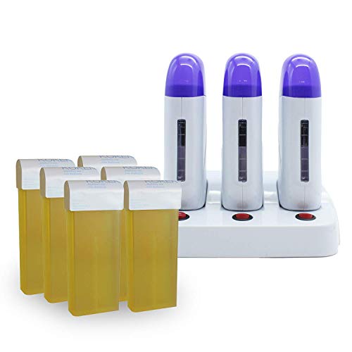 KOKEN - Kit Depilación Profesional, Calentador Triple Cera Tibia + 6 Cartuchos (100ml) Cera Roll-on Natural