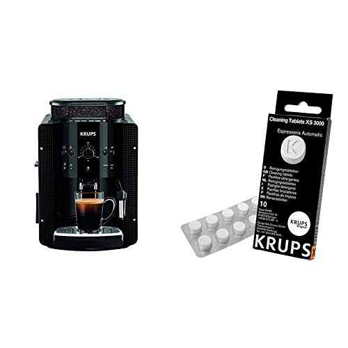 Krups EA8108 CAFETERAS, 1450 W, 1 Cups, Acero Inoxidable, Negro + Espresseria Automatic Pastillas limpiadoras para maquinas de café, Blanco