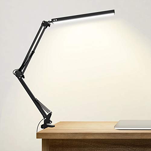 Lámpara de escritorio LED SKYLEO con abrazadera,luz de lectura regulable para el cuidado de los ojos,lámpara de brazo oscilante de 3 modos de color,lámpara de mesa con clip USB,lámpara de luz diurna