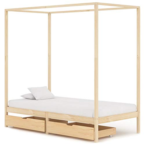 Lasamot Marco de Cama de Madera de Pino con 2 cajones, Marco de Dosel para Cama, Soporte para Poste de mosquitero, Apto para colchón de 90x200 cm (colchón no Incluido), Madera Clara