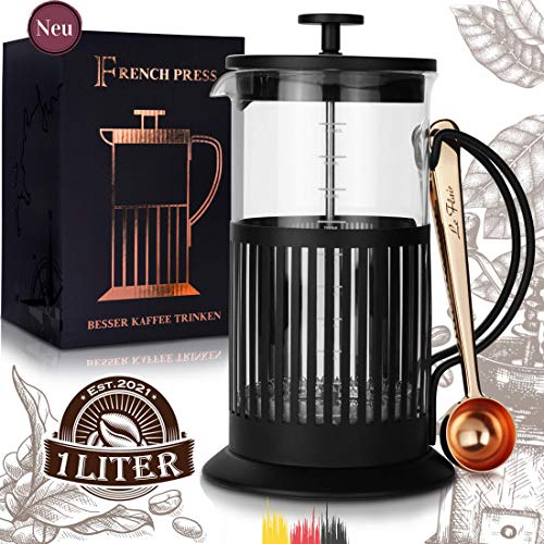 Le Flair® French Press Negro para 1 litro de café – Tetera de cristal con cuchara de café de cobre – Cafetera de émbolo con cuchara de café – Cafetera de émbolo para preparar café – Máquina de café