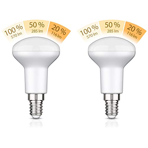 ledscom.de Bombilla LED E14 R50 5,6W =46W 570lm 120° blanco cálido A++ regulable en 3 pasos con cualquier interruptor de luz sin regulador: 570lm / 285lm / 116lm, 2 piezas.