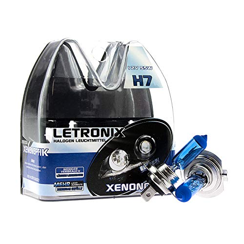 Letronix - Bombillas halógenas para coche, 12 V, 8500 K, color blanco frío, efecto xenón, para luz de cruce, luz antiniebla, luces largas, luz de curva, certificado E (aspecto led)