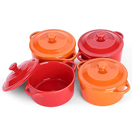 Lifver - Plato de soufflé de cerámica de 200 ml/Mini cazuela/Ramekins, Tazones de fuente de Dip-4, rojo cereza y naranja, redondos