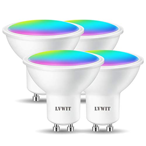 LVWIT Bombillas LED GU10 Inteligente Bluetooth WiFi Regulable 5W 350 Lm, Lámpara Multicolor Bombilla Compatible con Alexa, Google Home Assistant y App Smart Life/Tuya, Equivalente a 32W RGB, 4 Pcs.