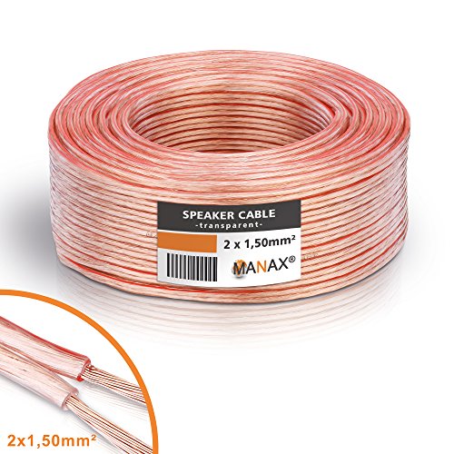 MANAX - Bobina de cable conductor doble para altavoces (50 m, 2 x 1,5 mm²), aislante transparente