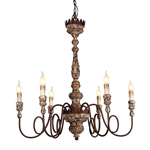 MAZ Retro Rústico 6-Ligero Esculpido Madera Óxido de Metal Claro Vela de Chandelier-Retro para Hacer Viejo 6 Cabezas,Retro para Hacer Viejo,6 Cabeza