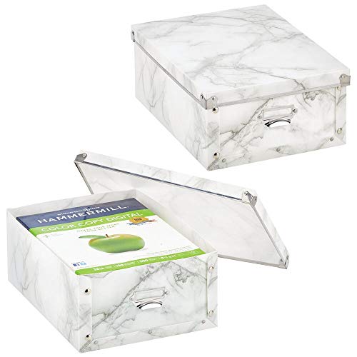 mDesign Juego de 2 cajas de plástico con tapa – Cajas apilables etiquetables para la cocina, la habitación infantil o el baño – Cajas organizadoras con efecto de mármol – blanco y gris