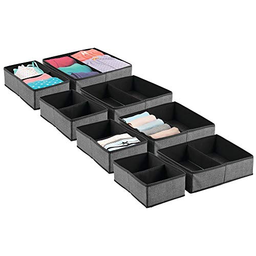 mDesign Juego de 8 organizadores de cajones – Organizadores de ropa interior, accesorios y joyas – Cajas organizadoras plegables de fibra sintética en diferentes tamaños – gris oscuro y negro